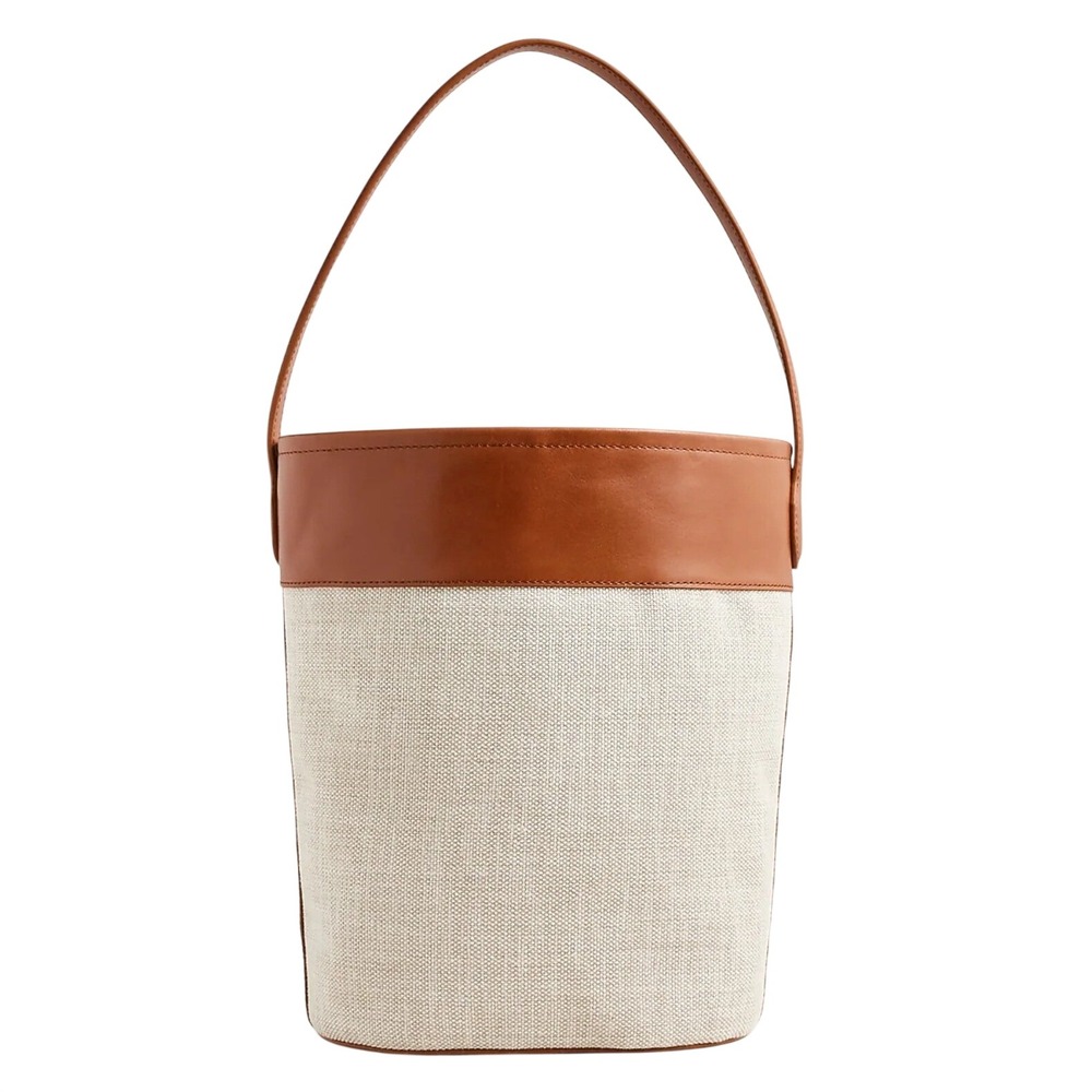 J Crew Berkeley Bucket Bag Leather Spanish Canvas Beige Cream Tan Minimalist